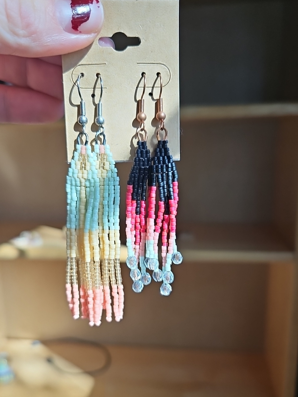 Set Of Beaded Fringe Dangle Earrings - Boho - Hand Made - Seed Bead